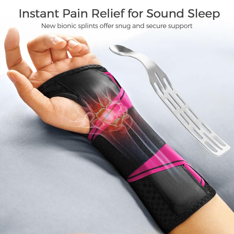FREETOO Wrist Support Brace Left Hand for Tendonitis, Sprained Wrist, Strain, Pain Relief Wrist Splint for Carpal Tunnel, Arthritis, wrist Immobilizer Fit Women and Men for Sleeping (S/M, Black/Pink) - Image 2