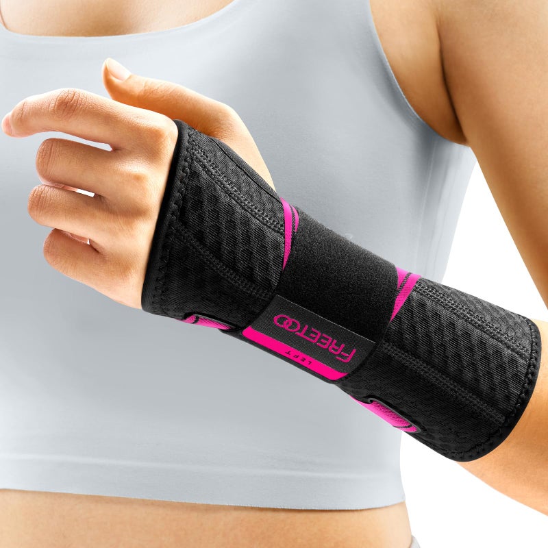 FREETOO Wrist Support Brace Left Hand for Tendonitis, Sprained Wrist, Strain, Pain Relief Wrist Splint for Carpal Tunnel, Arthritis, wrist Immobilizer Fit Women and Men for Sleeping (S/M, Black/Pink) - Image 1