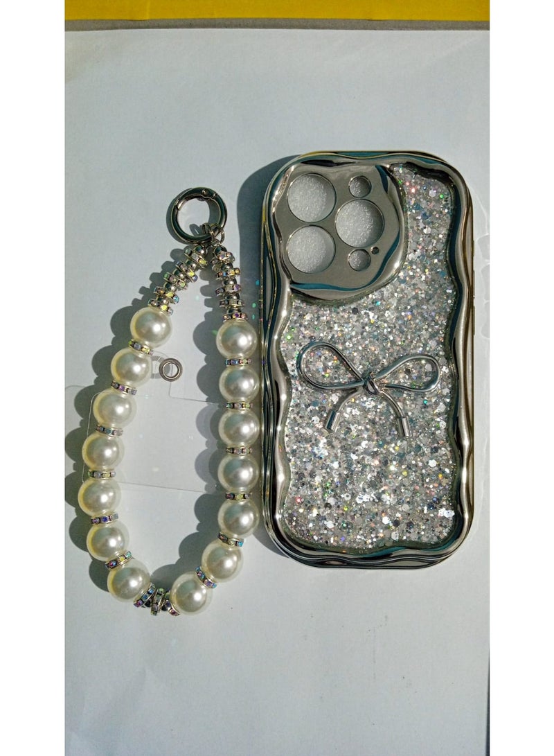 جراب هاتف انيق مزين بجليتر ولؤلؤ مع سلسلة معصم مطابقة متوافق مع  ايفون 15 برو