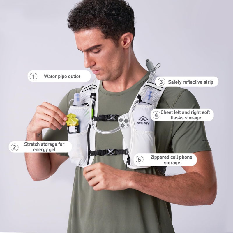 SEMSTY Running Vest for Women Men, 5L Hydration Vest with Dual 500ml Soft Flask, Lightweight Water Backpack, Adjustable Chest Straps Hydration Backpack for Running Cycling Hiking - Image 2