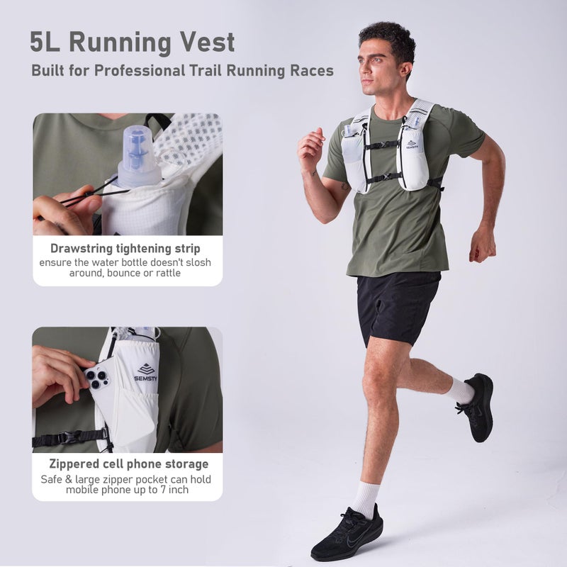 SEMSTY Running Vest for Women Men, 5L Hydration Vest with Dual 500ml Soft Flask, Lightweight Water Backpack, Adjustable Chest Straps Hydration Backpack for Running Cycling Hiking - Image 4