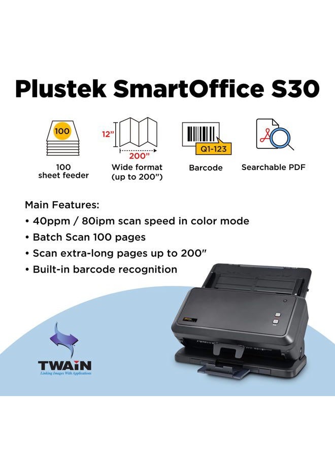 Plustek SmartOffice S30 Desktop Large Format Document Scanner, with 100-page Auto Document Feeder (ADF). Scan 12” x 17” Size or Legal-Size Document - Image 2