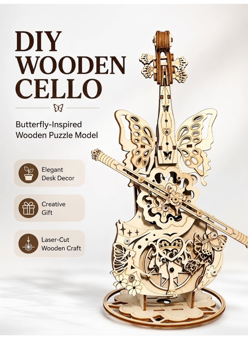 3D Puzzles for Adults 1:5 Scale Cello Model Kit with Base 152pcs Wooden Clockwork Music Box Building Kit Desk Gift for Men Women Hobby for Adults.Interactive toy for children and their families. - Image 1