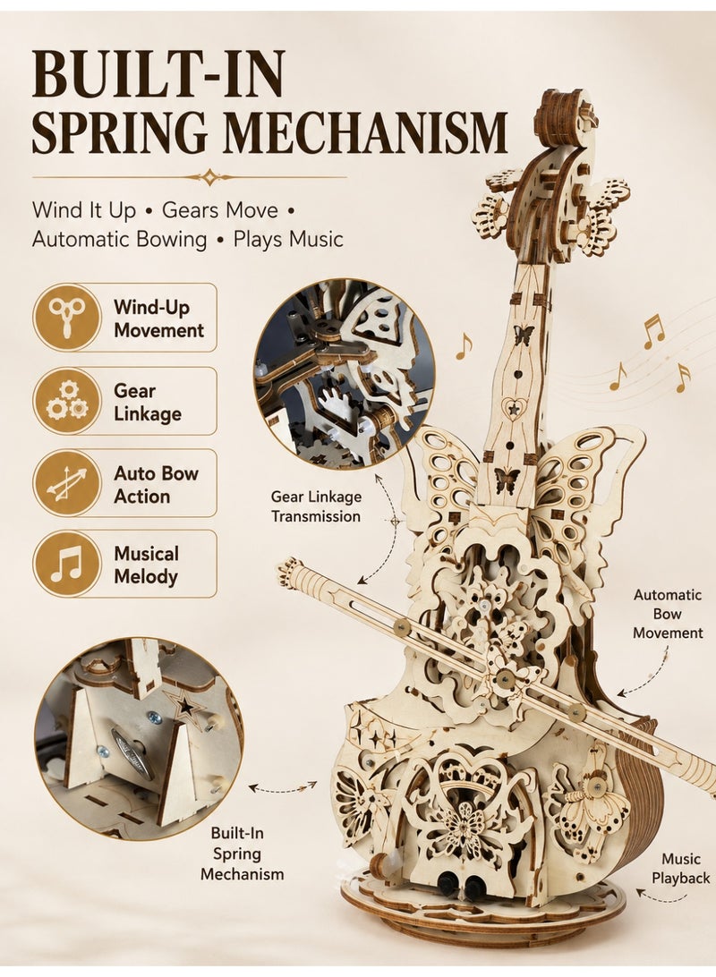 3D Puzzles for Adults 1:5 Scale Cello Model Kit with Base 152pcs Wooden Clockwork Music Box Building Kit Desk Gift for Men Women Hobby for Adults.Interactive toy for children and their families. - Image 4