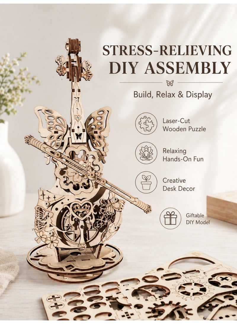 3D Puzzles for Adults 1:5 Scale Cello Model Kit with Base 152pcs Wooden Clockwork Music Box Building Kit Desk Gift for Men Women Hobby for Adults.Interactive toy for children and their families. - Image 3