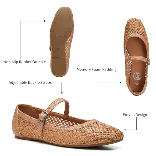 Trary Mary Jane Shoes Women Woven Flats for Women Ballet Flats Shoes Squared Toe Mary Jane Flats Ankle Strap Dressy Comfortable Brown Size 6 - Image 5