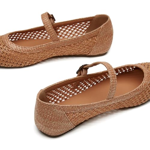 Trary Mary Jane Shoes Women Woven Flats for Women Ballet Flats Shoes Squared Toe Mary Jane Flats Ankle Strap Dressy Comfortable Brown Size 6 - Image 4
