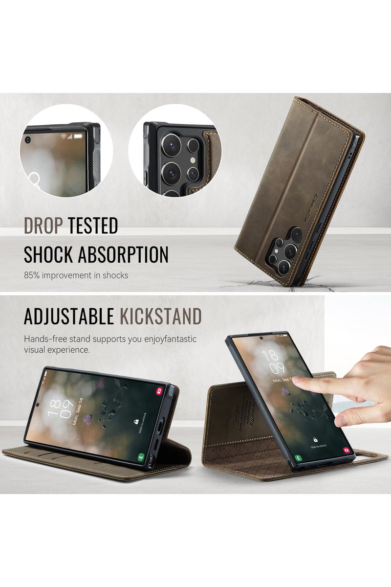 ICARLUS For Samsung Galaxy S25 Ultra 5G Compatible with MagSafe Detachable Wallet Leather Phone Cover - Brown - Image 5