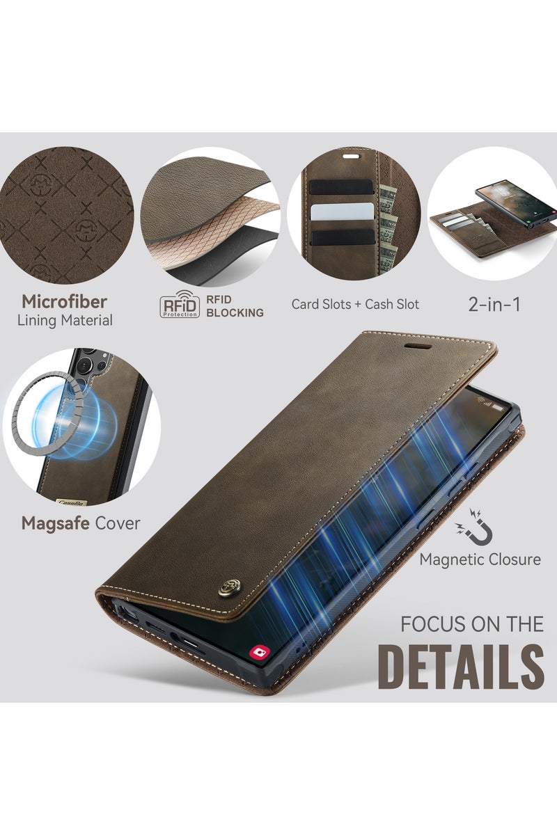 ICARLUS For Samsung Galaxy S25 Ultra 5G Compatible with MagSafe Detachable Wallet Leather Phone Cover - Brown - Image 4