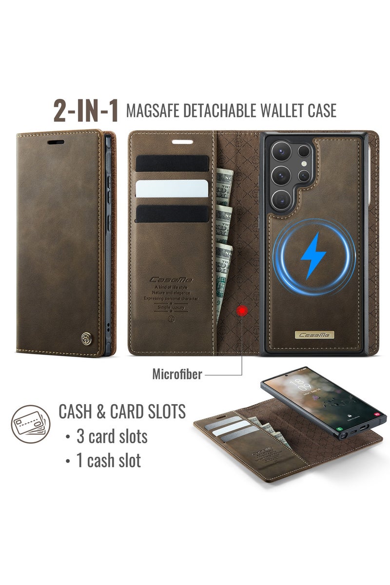 ICARLUS For Samsung Galaxy S25 Ultra 5G Compatible with MagSafe Detachable Wallet Leather Phone Cover - Brown - Image 2