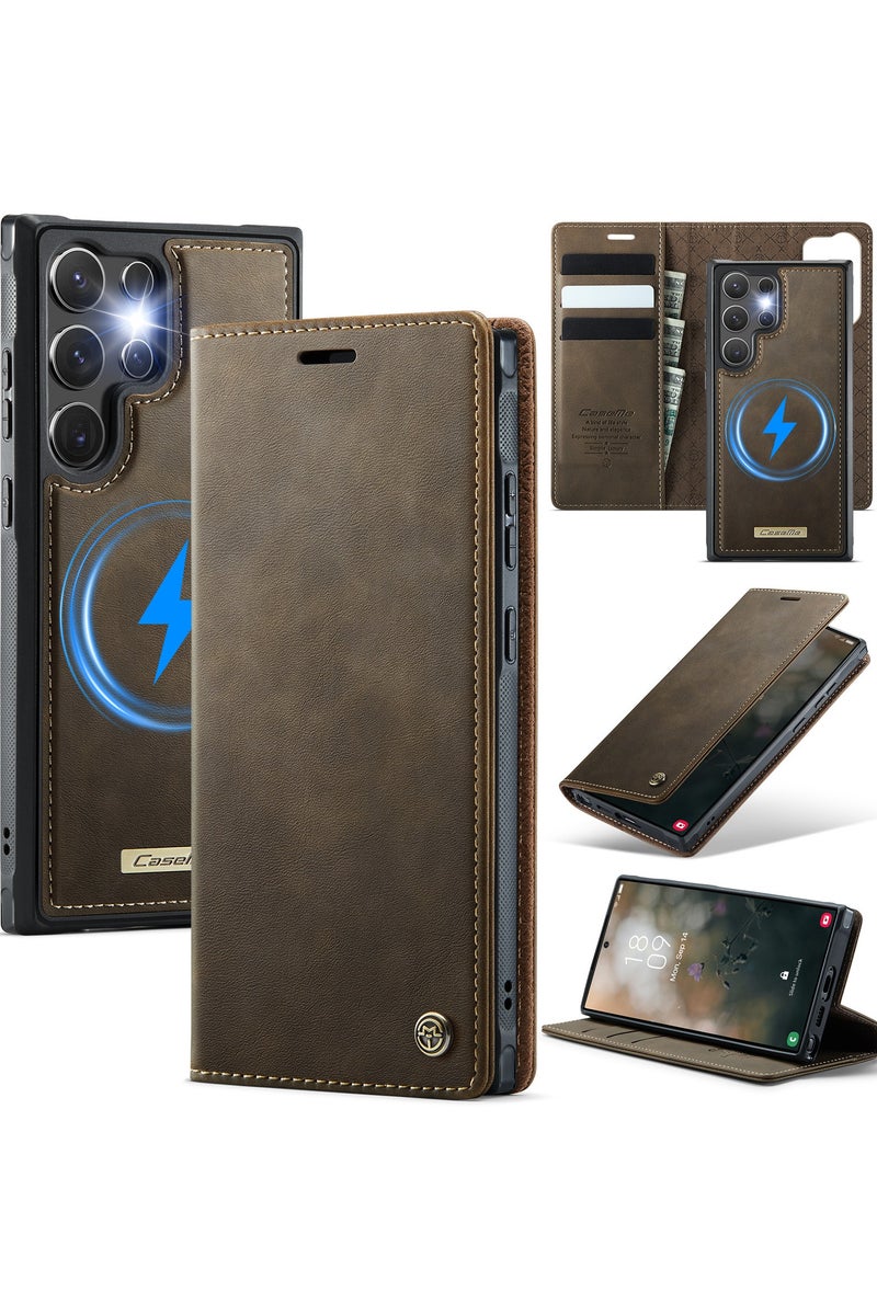 ICARLUS For Samsung Galaxy S25 Ultra 5G Compatible with MagSafe Detachable Wallet Leather Phone Cover - Brown - Image 1