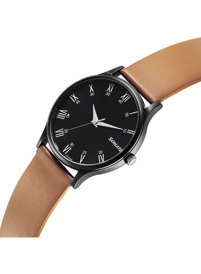 Sonata ساعة يد للرجال 77105NL13 - قرص أسود، حزام جلد بني، حركة كوارتز، مقاومة للماء حتى 3 ATM، ساعة أنيقة وجاهزة كهدية - Image 2