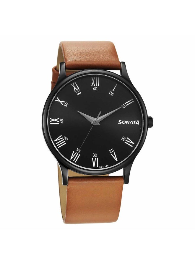 Sonata ساعة يد للرجال 77105NL13 - قرص أسود، حزام جلد بني، حركة كوارتز، مقاومة للماء حتى 3 ATM، ساعة أنيقة وجاهزة كهدية - Image 1