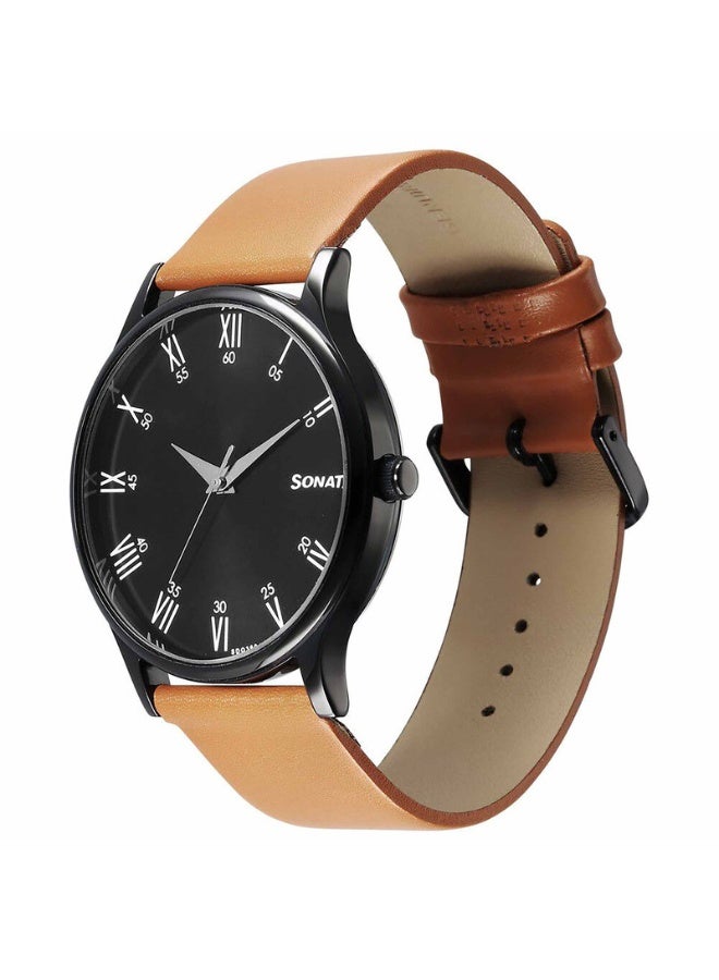 Sonata ساعة يد للرجال 77105NL13 - قرص أسود، حزام جلد بني، حركة كوارتز، مقاومة للماء حتى 3 ATM، ساعة أنيقة وجاهزة كهدية - Image 3