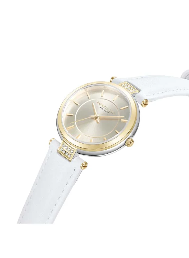 كينيث كول نيو يورك Modern Classic Champagne Dial White Leather Strap Analog Watch for Women