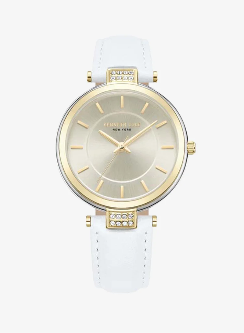 Kenneth Cole New York Modern Classic Champagne Dial White Leather Strap Analog Watch for Women