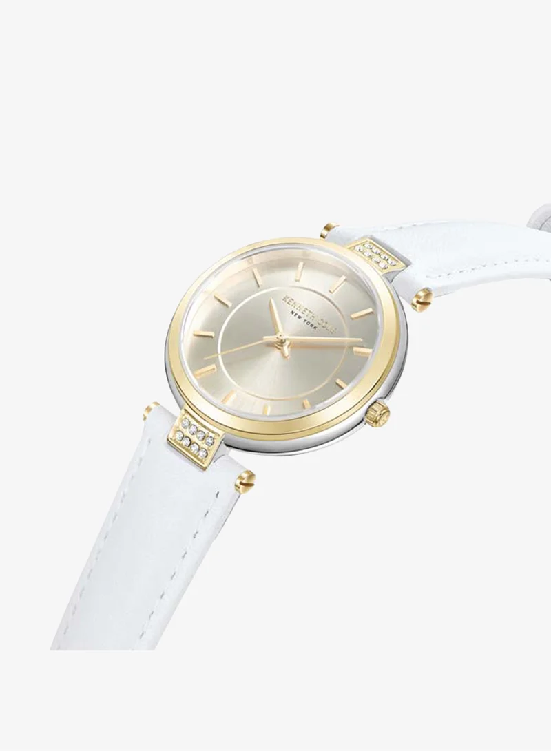 Kenneth Cole New York Modern Classic Champagne Dial White Leather Strap Analog Watch for Women