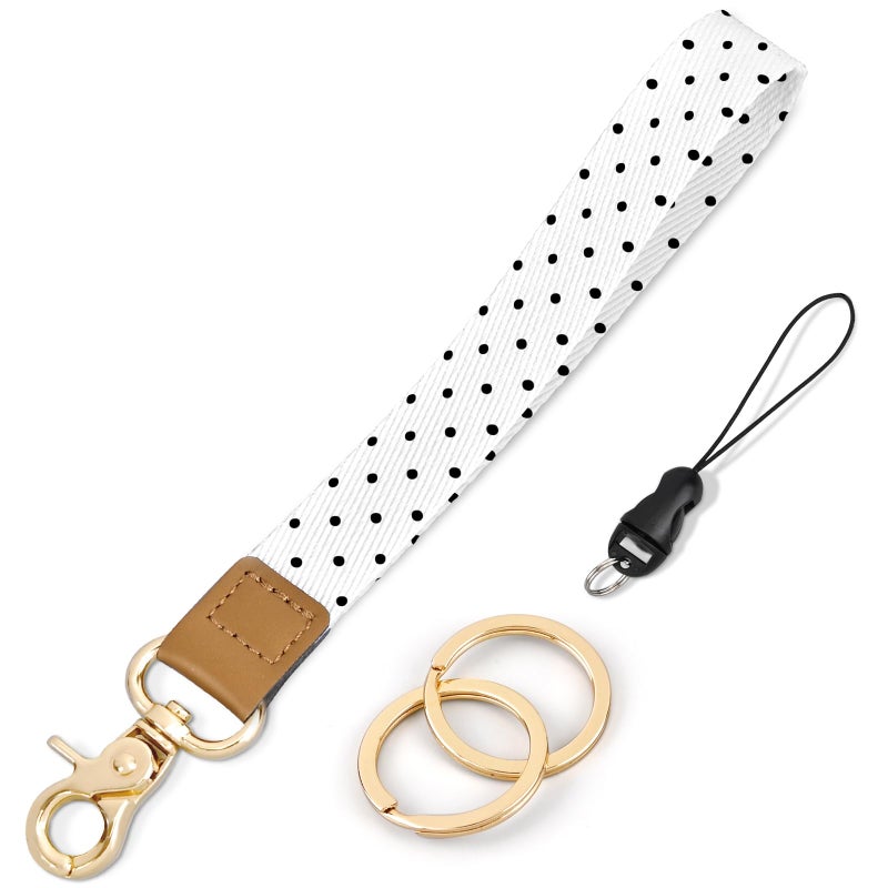 Knagsfa Wristlet Keychain, Cute Wrist Strap for Women, Wrist Lanyard for Keys, Wallet, Id Holder, Cell Phone, White Black Polka Dots - Image 1