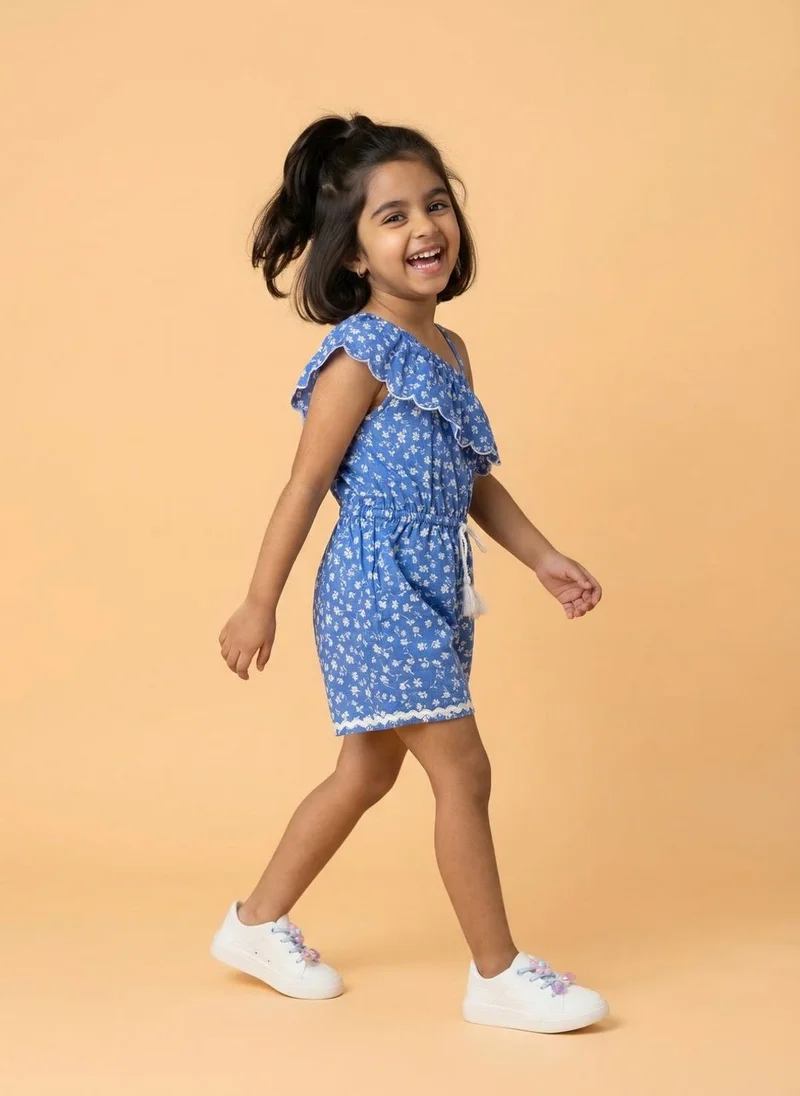 Nautinati Nautinati Girls' 100% Cotton Asymmetric Off-shoulder Floral Print jumpsuit