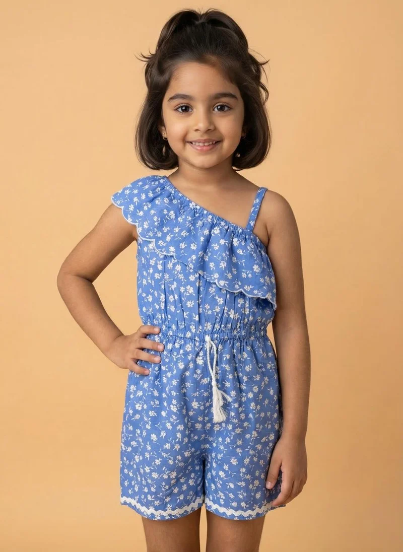 Nautinati Nautinati Girls' 100% Cotton Asymmetric Off-shoulder Floral Print jumpsuit