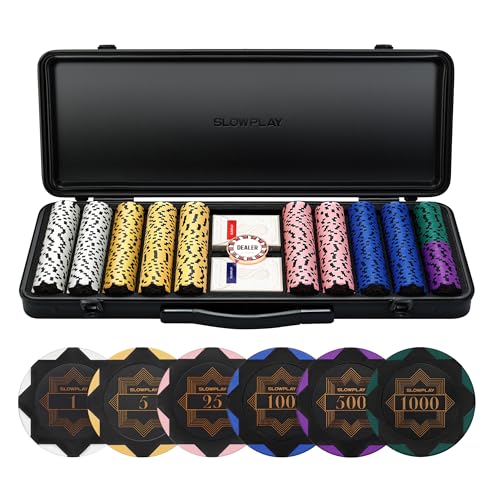 SLOWPLAY 14g Clay Poker Chips Set for Texas Hold'em, 500 PCS, with Numbered Values, Art Deco Style, and Carrying Case - Image 1