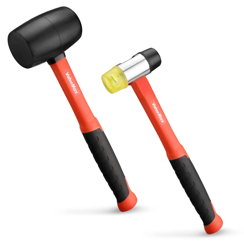 ValueMax Rubber Mallet 16oz Rubber Mallet Hammer And 35mm DoubleFaced Soft Hammer Fiberglass Handle With TPR Grip Solid Head 2 Piece Black Set