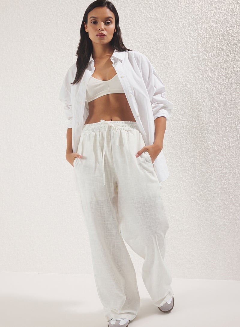 trendyol White Linen Very Wide Leg Shorts  Lined Rubberized Drum with - Image 1