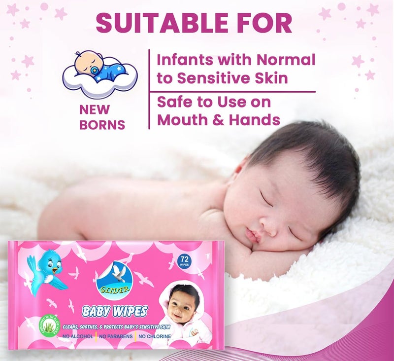 Glider Baby Wipes with Aloe Vera, Vitamin E & Mild Fragrance | Gentle & Soft for Baby's Sensitive Skin | (Pack of 10 – 720 Wipes) - Image 2