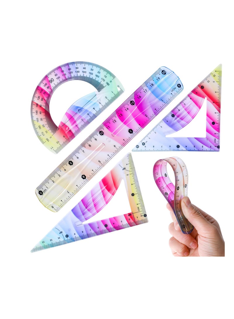 Zikra Flexible Ruler Set, 4 Pcs Plastic Ruler Set, Geometry Tool, Shatterproof Bendy Rulers, Straight Ruler Triangle Ruler and Protractor Flexible Ruler, for Kids Math School Office Classroom - Image 1