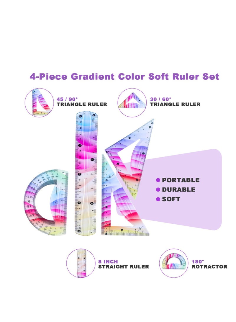 Zikra Flexible Ruler Set, 4 Pcs Plastic Ruler Set, Geometry Tool, Shatterproof Bendy Rulers, Straight Ruler Triangle Ruler and Protractor Flexible Ruler, for Kids Math School Office Classroom - Image 2