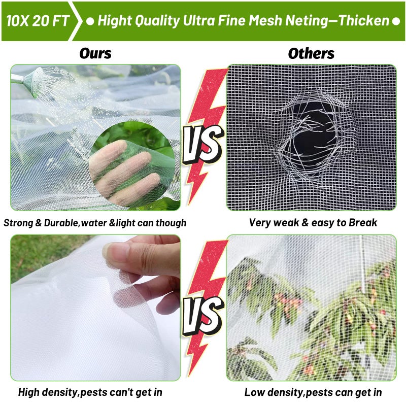 Cludoo 67pcs Garden Mesh Netting Kit,6 Sets Wide Garden Hoops with 10x20 ft Garden Covers Bird Netting& 12 Clips, Garden Protection for Raised Beds Greenhouse Vegetable Plants Flowers Animals - Image 4