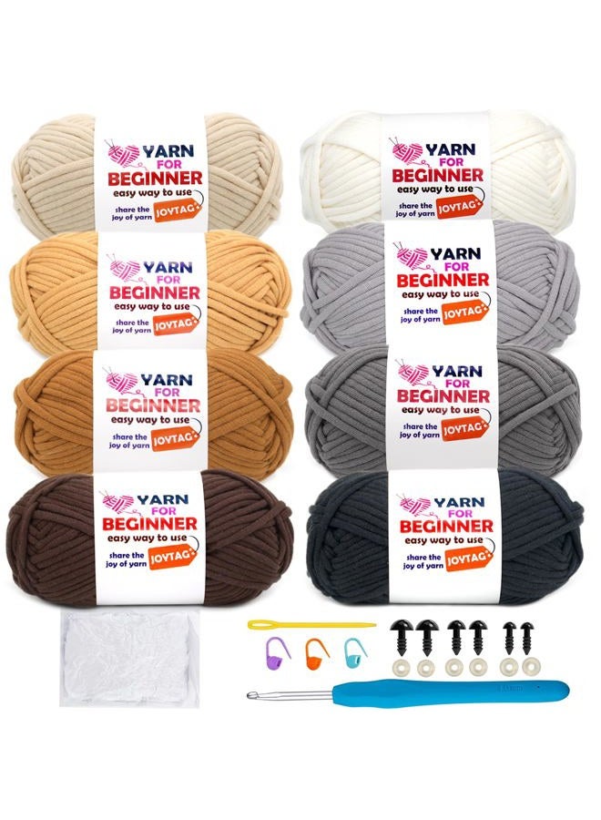 JOYTAG 8 Pack Cotton Crochet Yarn - Beige Khaki Brown Mix for Knitting with Easy-to-See Stitches - Crochet Kit (8x50g) - Image 1