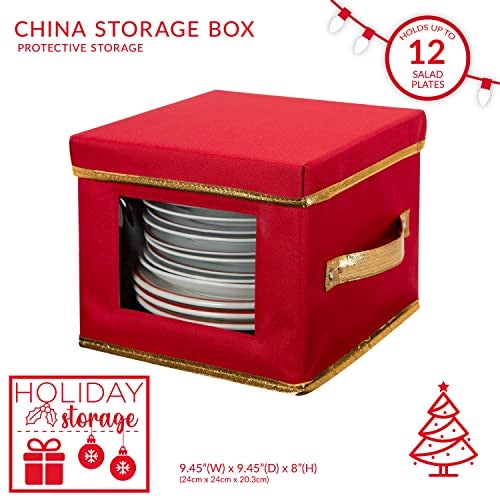Simplify Holiday Salad Plate Dinnerware Storage Box | 9.45 Inch | Christmas China | 12 Felt Dividers | Tableware Setting | Red - Image 2