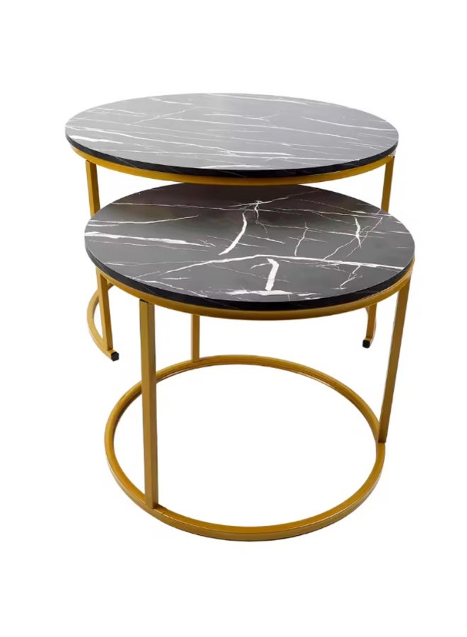 DubaiGallery 2-Piece Round Nesting Coffee Table Set (68x46cm + 48x37cm) – Black Marble & Gold Frame - Image 4