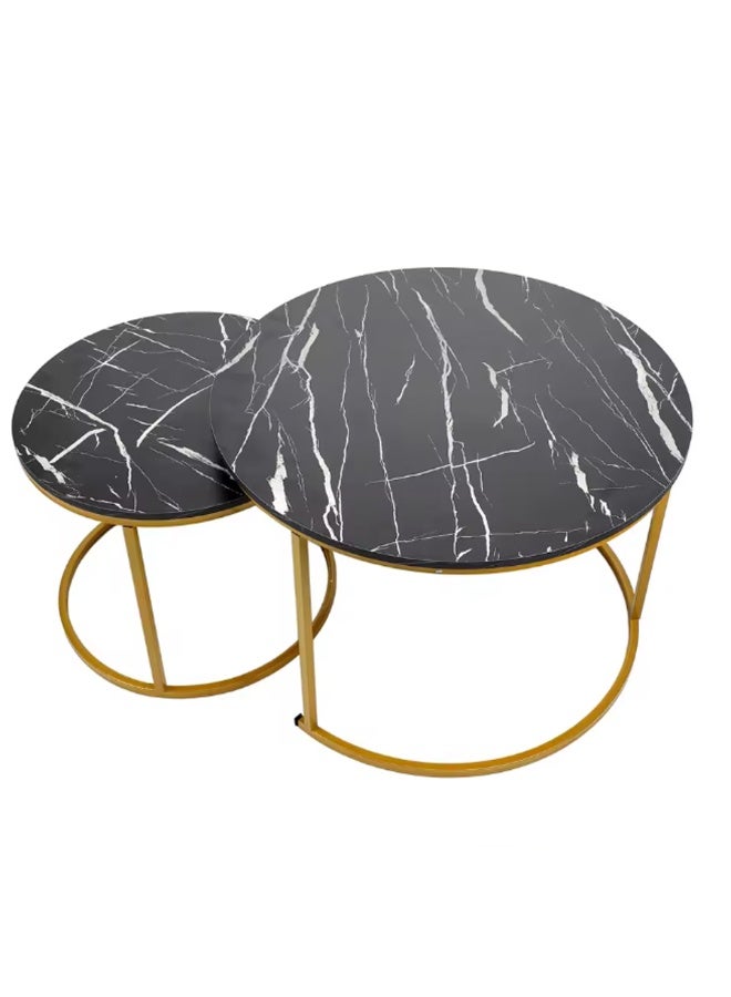 DubaiGallery 2-Piece Round Nesting Coffee Table Set (68x46cm + 48x37cm) – Black Marble & Gold Frame - Image 3