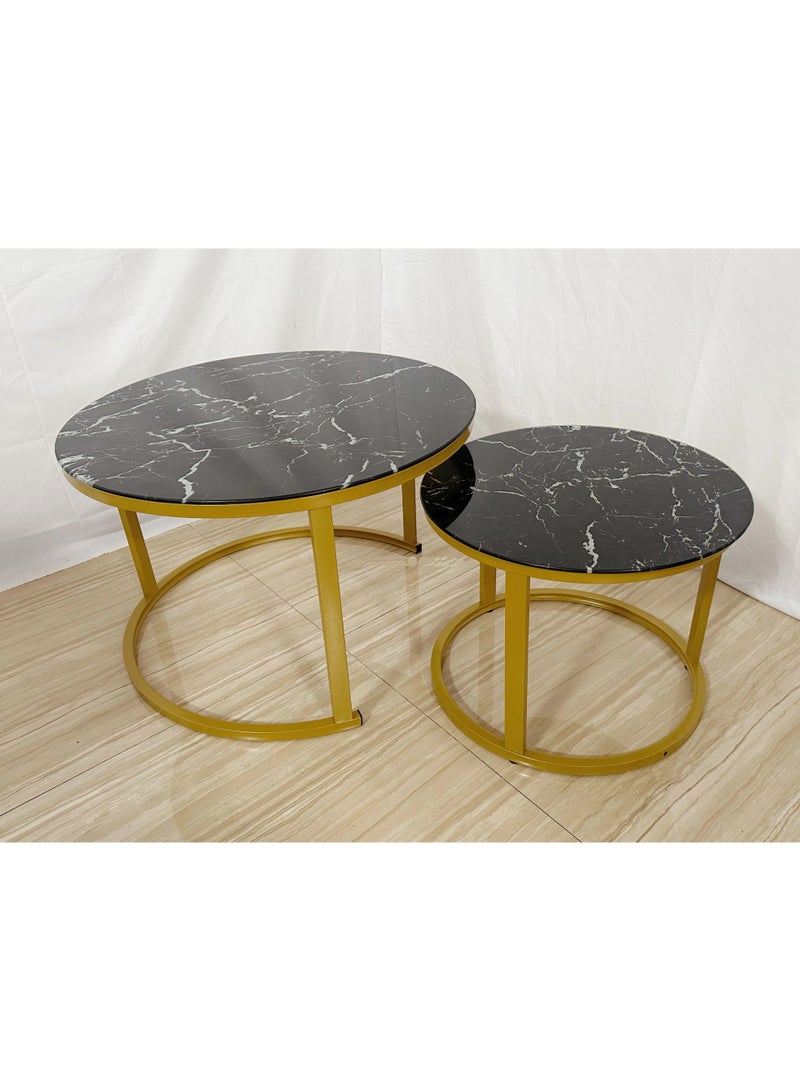 DubaiGallery 2-Piece Round Nesting Coffee Table Set (68x46cm + 48x37cm) – Black Marble & Gold Frame - Image 1