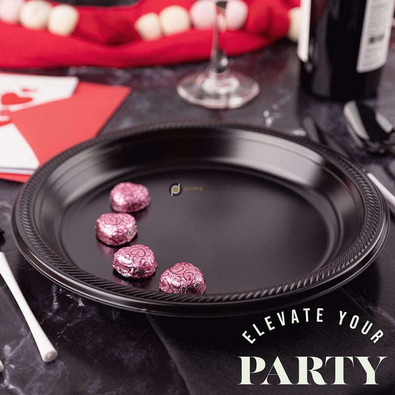 FRAMO Disposable Black Plastic Plates  Pack of 120-9-Inch Round Plastic Plates Special Events  Party  Dinner  Picnic  or Travel - Bulk Pack Party Supplies - Image 5