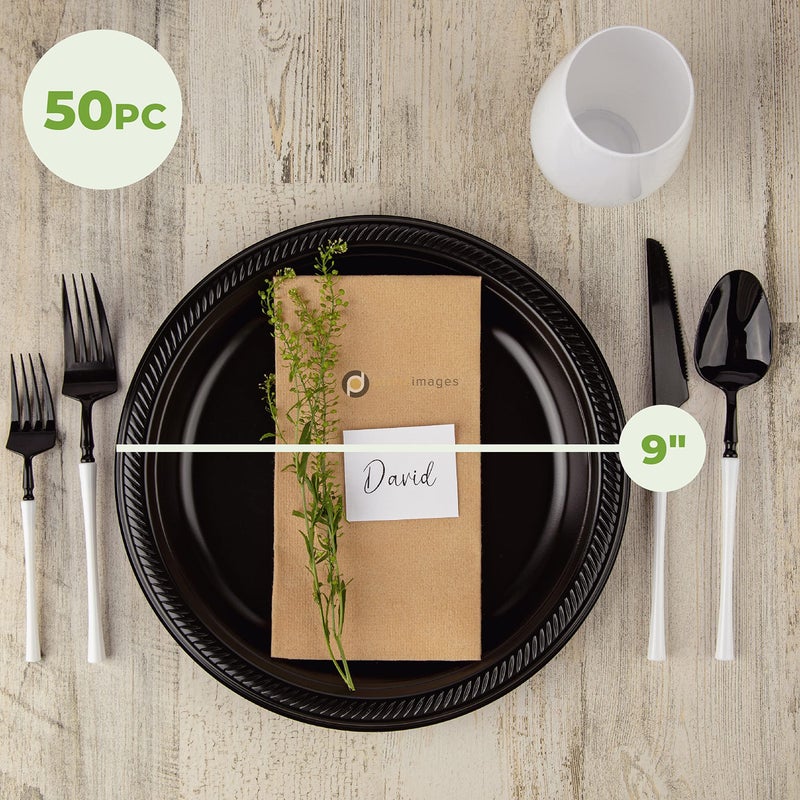 FRAMO Disposable Black Plastic Plates  Pack of 120-9-Inch Round Plastic Plates Special Events  Party  Dinner  Picnic  or Travel - Bulk Pack Party Supplies - Image 3