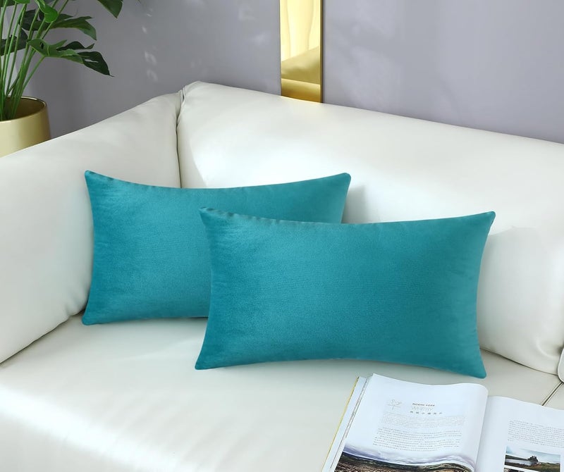 mixeoo Comfy Dark Turquoise Decorative Throw Pillow Covers Lumbar Velvet Super Soft Couch Cushion Cases for Living Room Sofa Decor, Set of 2, 12 x 20 Inch - Image 1