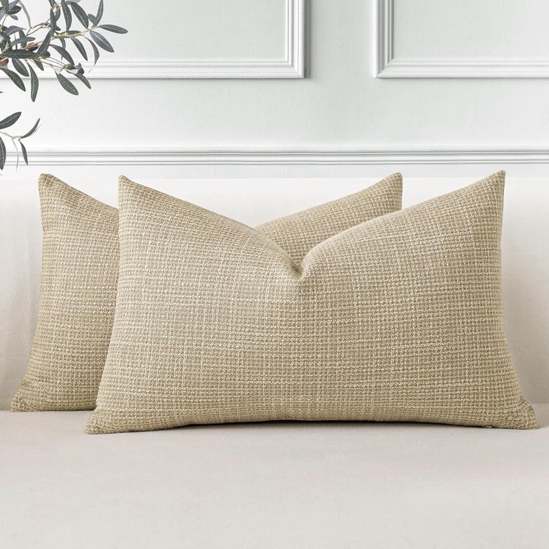 OTOSTAR Pack of 2 Throw Pillow Covers 16x24 Inch Linen Light Tan Pillowcases Farmhouse Decorative Solid Pillow Covers 40x60 cm Lumbar Cushion Case for Home Decor Sofa Couch Bed (Light Tan) - Image 1