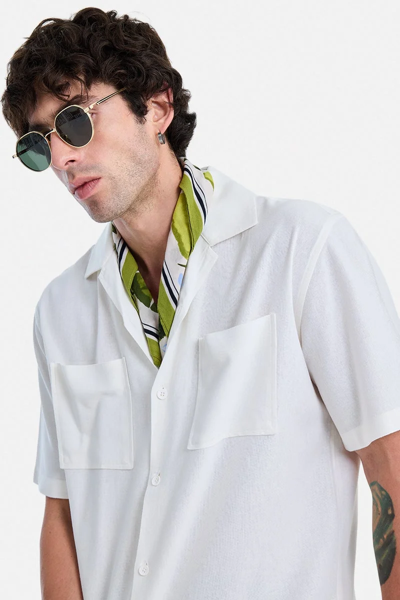 سنيتش White Textured Half Sleeve Boxy Vacation Shirt