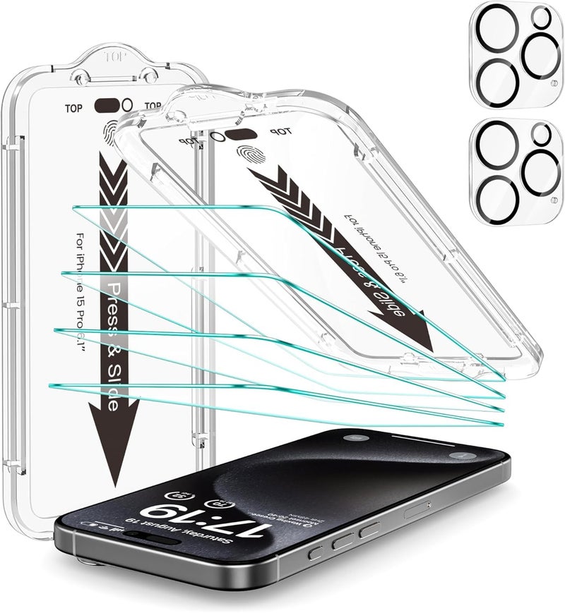 EZ-GLAZ- 4 Pack for iPhone 15 Pro Screen Protector [6.1"] With 2 Pack Camera Lens Protector, 9H+ Hardness 12FT Military Grade Shatterproof Scratch Resistant Durable Tempered Glass Film with Flawless Fit Kit, HD Clear - Image 1