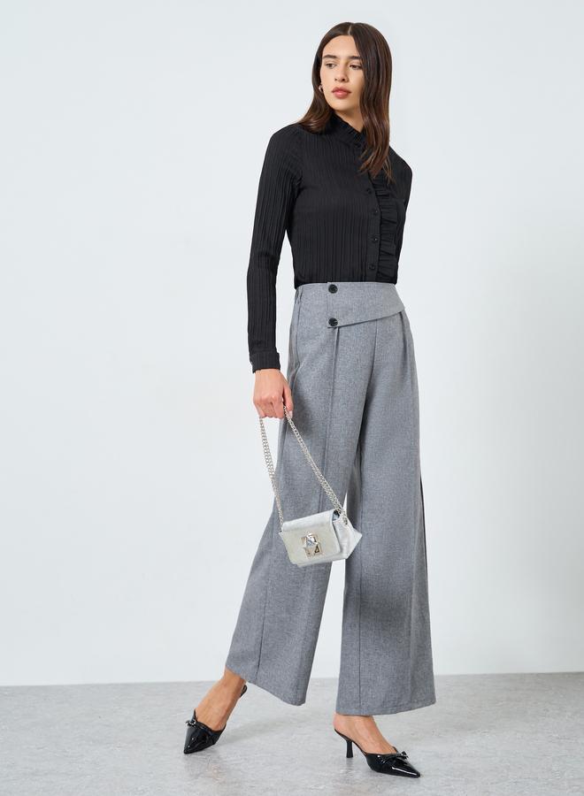 Take Two Women Solid Elastic Waist Button Detail Wide Leg Pants - Image 1