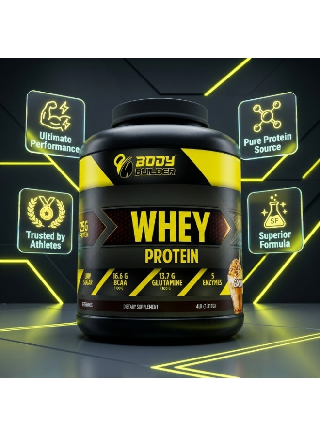بودي بيلدر مسحوق بروتين مصل اللبن (Whey Protein) بنسبة 100% - نكهة لاتيه الكراميل - عبوة 4 أرطال | 25 جم بروتين لكل حصة | مزيج من بروتين مصل اللبن المعزول (Isolate) والمركّز (Concentrate) | 7 جم من الأحماض الأمينية متشعبة السلسلة (BCAAs) الطبيعية | 5.3 جم جلوتامين | إنزيمات هاضمة | قليل السكر | خالٍ من الغلوتين | غير معدل وراثياً - Image 4
