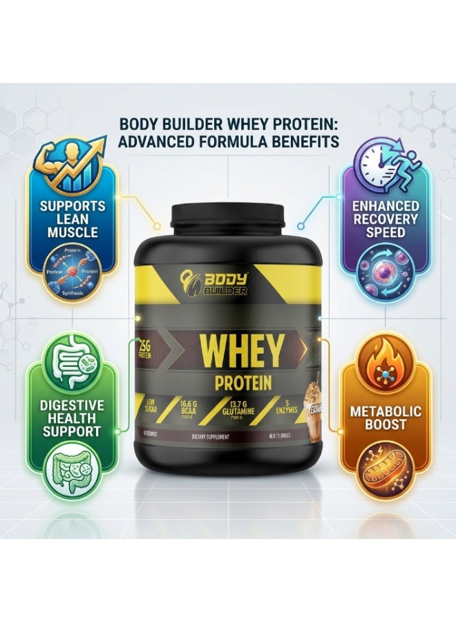 بودي بيلدر مسحوق بروتين مصل اللبن (Whey Protein) بنسبة 100% - نكهة لاتيه الكراميل - عبوة 4 أرطال | 25 جم بروتين لكل حصة | مزيج من بروتين مصل اللبن المعزول (Isolate) والمركّز (Concentrate) | 7 جم من الأحماض الأمينية متشعبة السلسلة (BCAAs) الطبيعية | 5.3 جم جلوتامين | إنزيمات هاضمة | قليل السكر | خالٍ من الغلوتين | غير معدل وراثياً - Image 5
