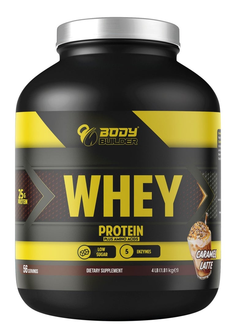 بودي بيلدر مسحوق بروتين مصل اللبن (Whey Protein) بنسبة 100% - نكهة لاتيه الكراميل - عبوة 4 أرطال | 25 جم بروتين لكل حصة | مزيج من بروتين مصل اللبن المعزول (Isolate) والمركّز (Concentrate) | 7 جم من الأحماض الأمينية متشعبة السلسلة (BCAAs) الطبيعية | 5.3 جم جلوتامين | إنزيمات هاضمة | قليل السكر | خالٍ من الغلوتين | غير معدل وراثياً - Image 1
