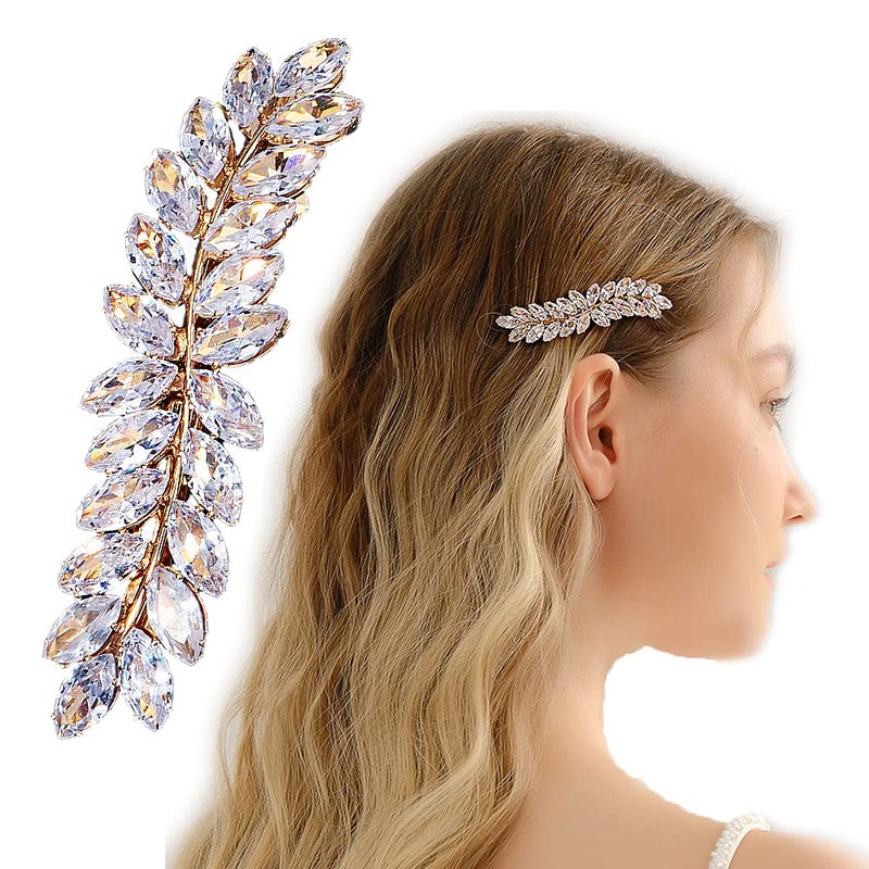 Xerling Rhinestone French Barrettes Hair Clip Automatic Hair Accessories Gold Hair Spring Clips Leaf Design Zircon Hair Piece for Women