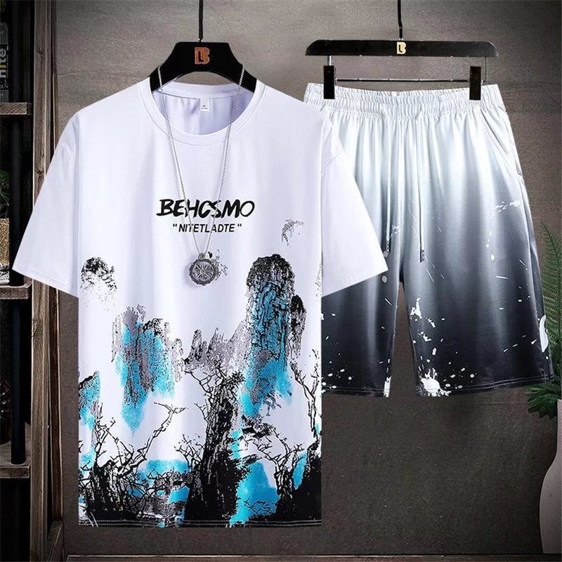 Men's Sports Casual T-shirt 2025 Summer Ice Silk Thin Fashionable Short-sleeved Shorts suit Style Landscape Painting Top - Image 2