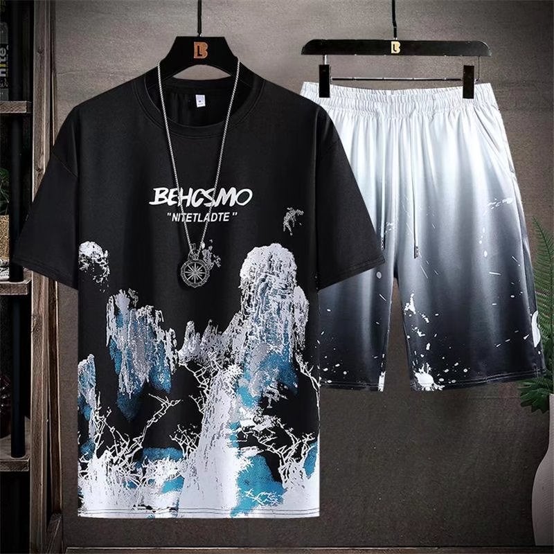 Men's Sports Casual T-shirt 2025 Summer Ice Silk Thin Fashionable Short-sleeved Shorts suit Style Landscape Painting Top - Image 3