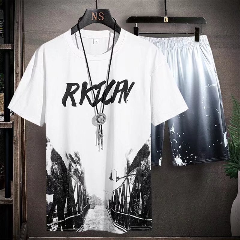 Men's Sports Casual T-shirt 2025 Summer Ice Silk Thin Fashionable Short-sleeved Shorts suit Style Landscape Painting Top - Image 5